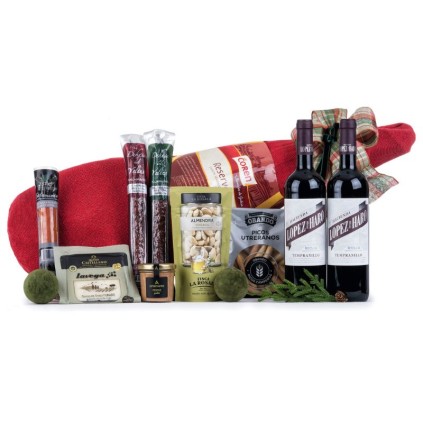 ⇨ Cesta de Navidad con Jamón Serrano y Vino Tinto